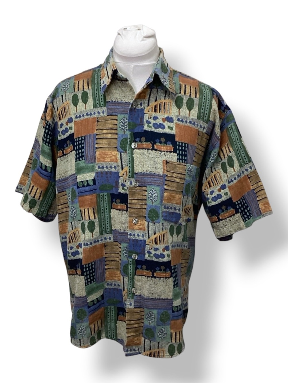 Casa Moda Men’s Short Sleeve Button Down Patchwork Floral Tapestry Shirt, sz M